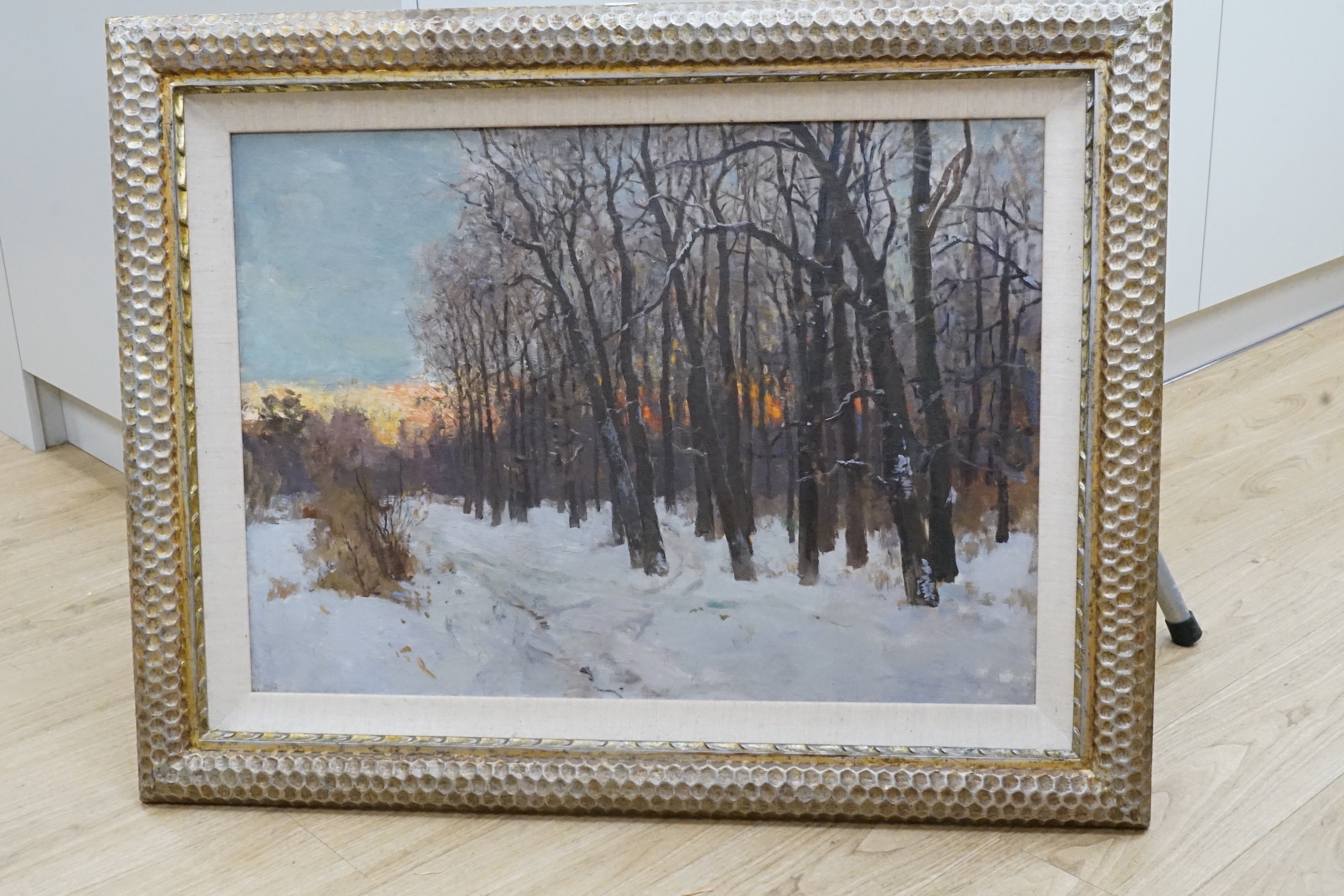 Russian School (1906-1984), oil on canvas, 'Winter woodland at sunset', inscribed verso and dated 1958, 57 x 80cm, Nikolai Shelyuto
